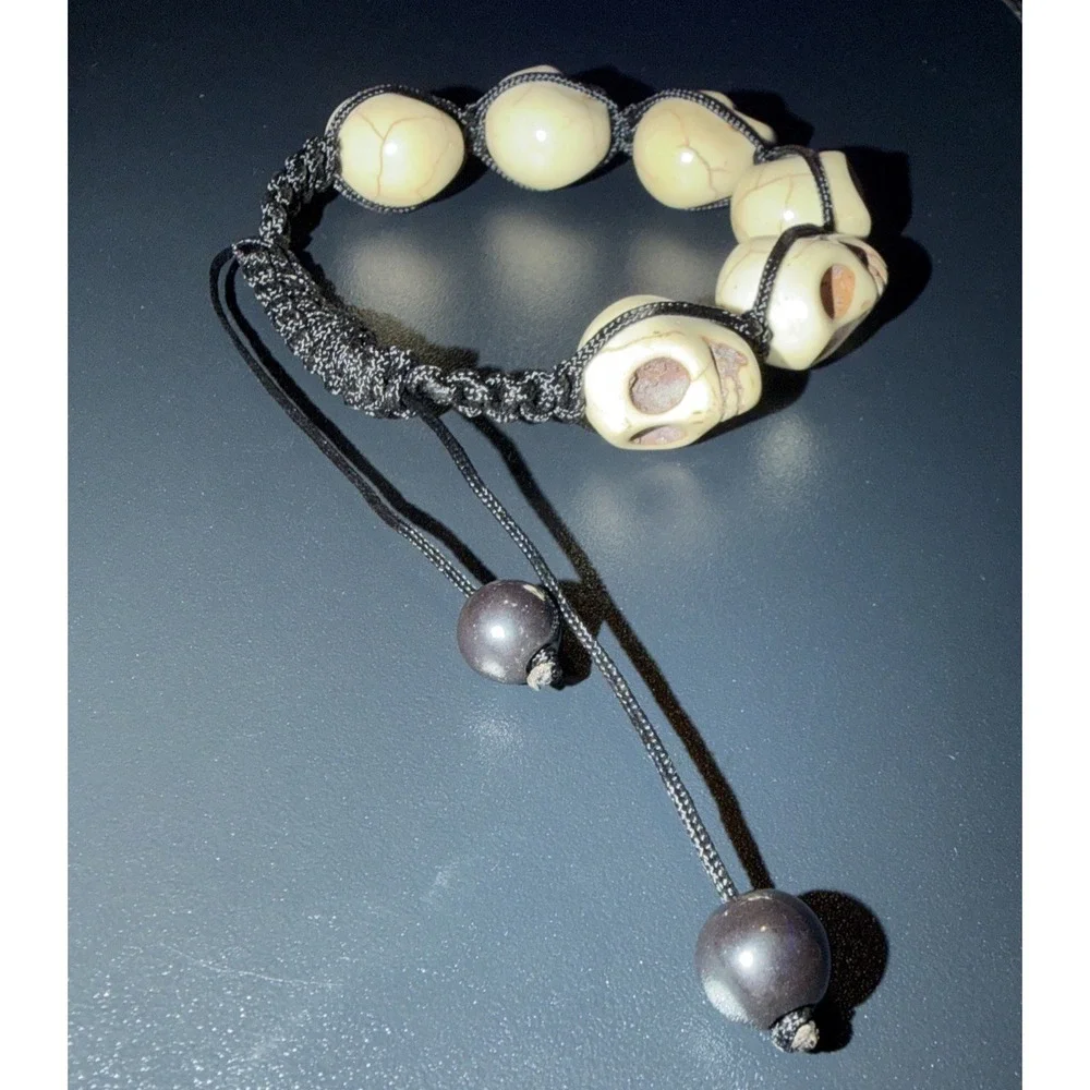 New Skull Bead Adjustable Bracelet White Skull Beads Black Braided Cord Gothic
